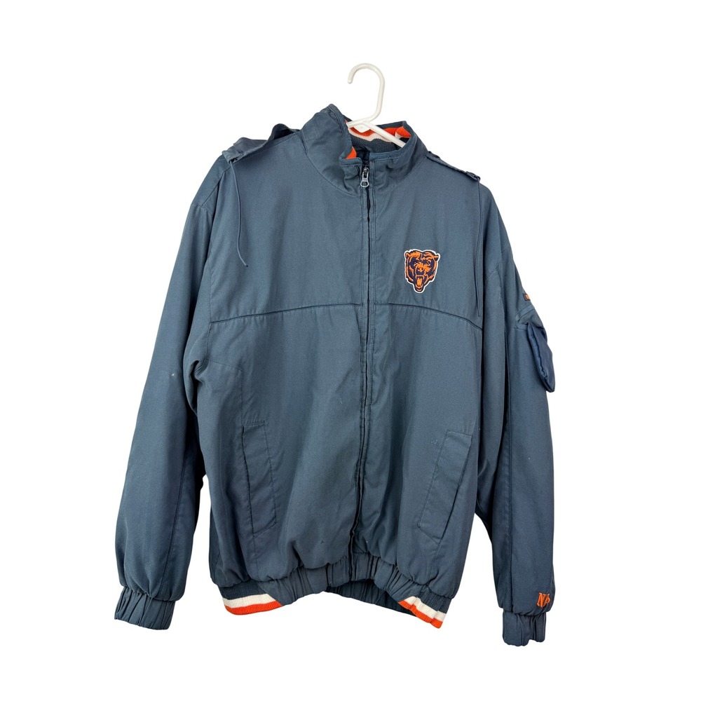 Vintage NFL Chicago Bears Bomber Jacket Blue Full Zip Hooded Men Medium 2005